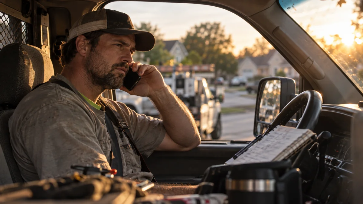 Contractor sitting in his truck cab at the end of the day, on the phone with a notepad of questions on the steering wheel
