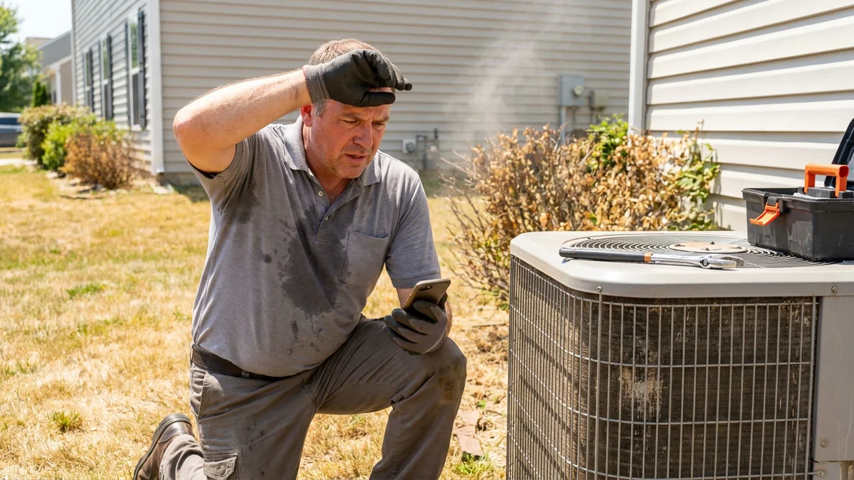 HVAC technician checking his phone beside an outdoor condenser unit on a scorching summer day