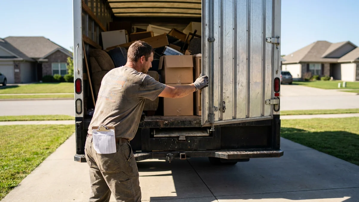 Junk removal crew member closing a loaded truck in a suburban driveway with a route sheet on his clipboard