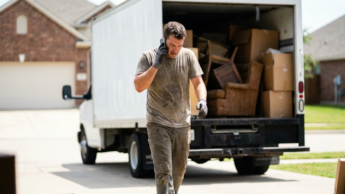 Junk removal crew member answering a phone call while walking toward a loaded truck