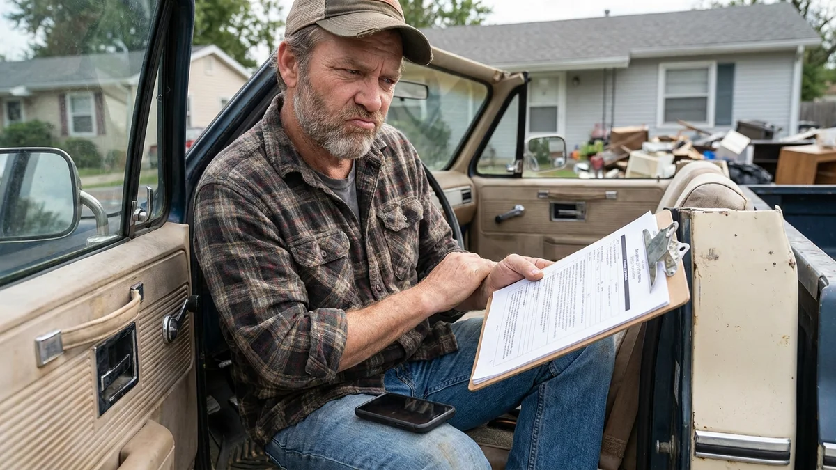 Junk removal business owner reviewing a printed contract on a clipboard in his truck