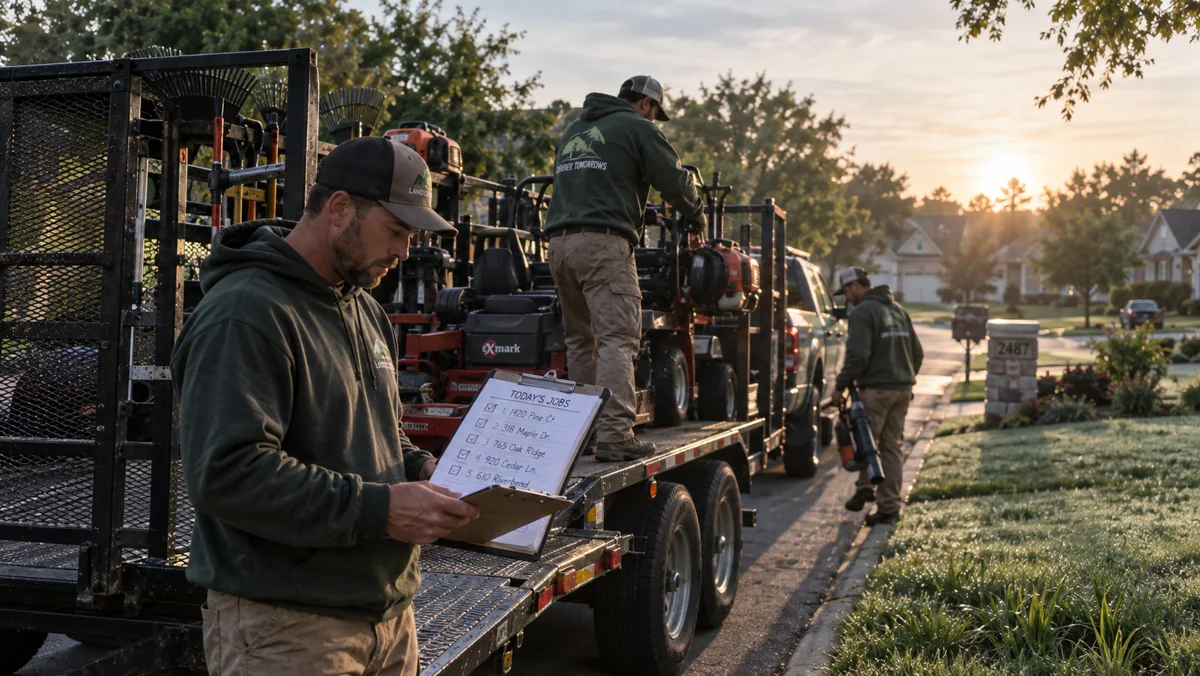 Landscaping crew loading equipment onto a trailer at dawn while the foreman checks the day's job list