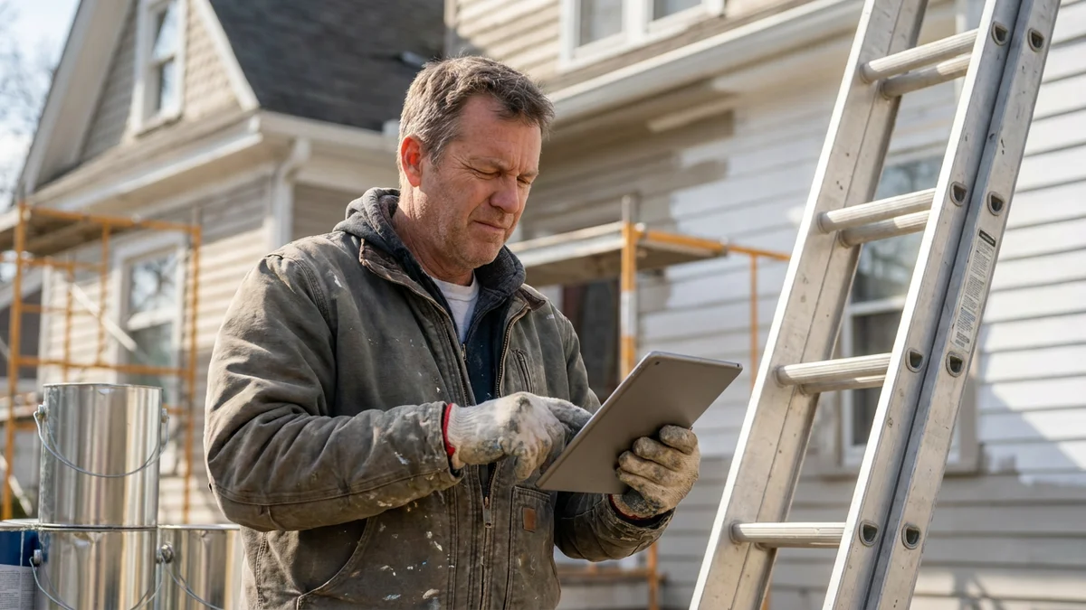 Painting contractor reviewing a job schedule on a tablet beside paint cans and a ladder