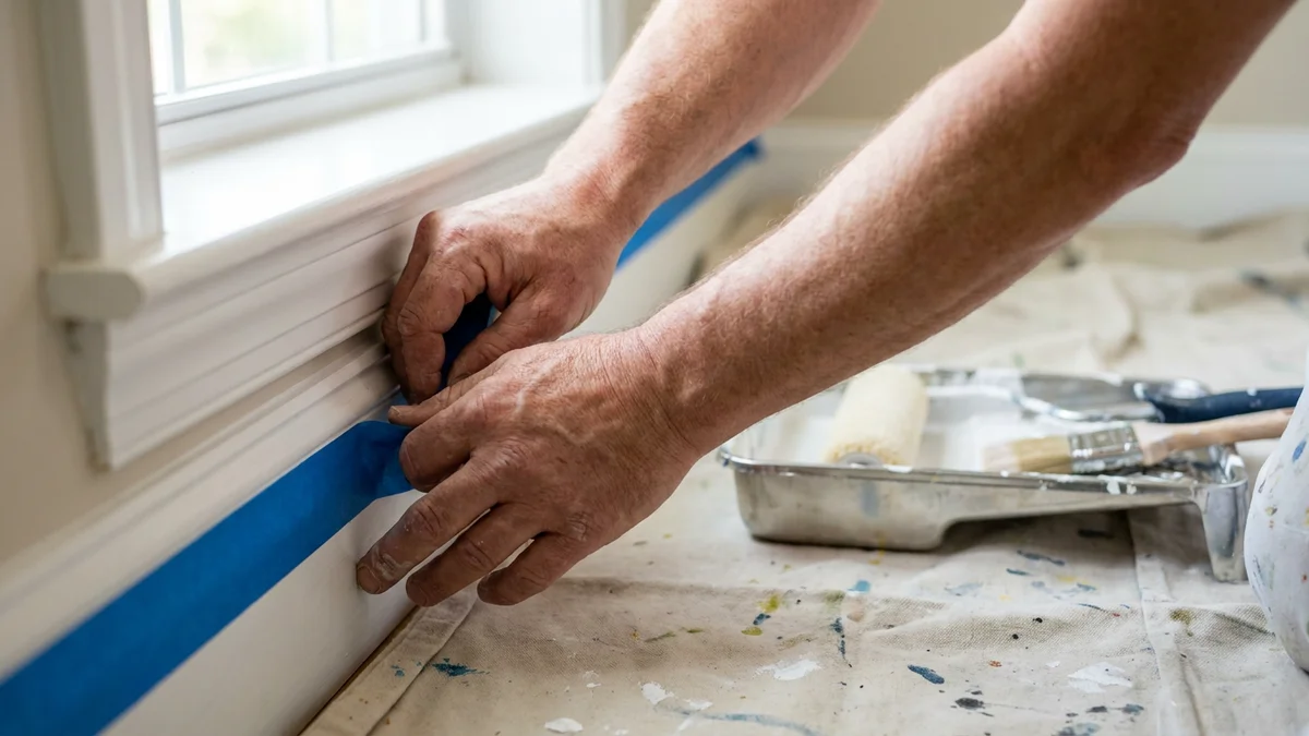 Painter applying blue painter's tape along a wall trim edge