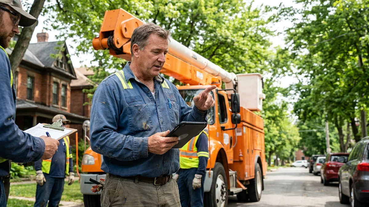 Tree service crew lead reviewing a work order on a tablet beside a bucket truck