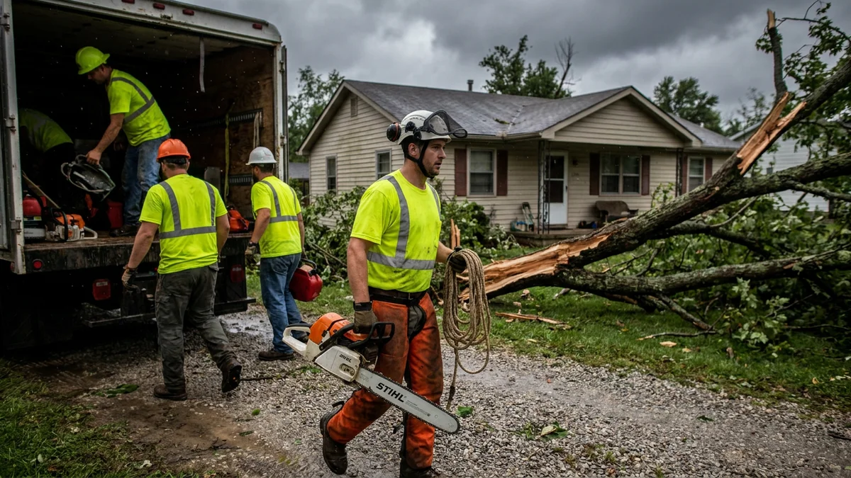 Tree service crew arriving at a storm-damaged property with a fallen branch across the driveway